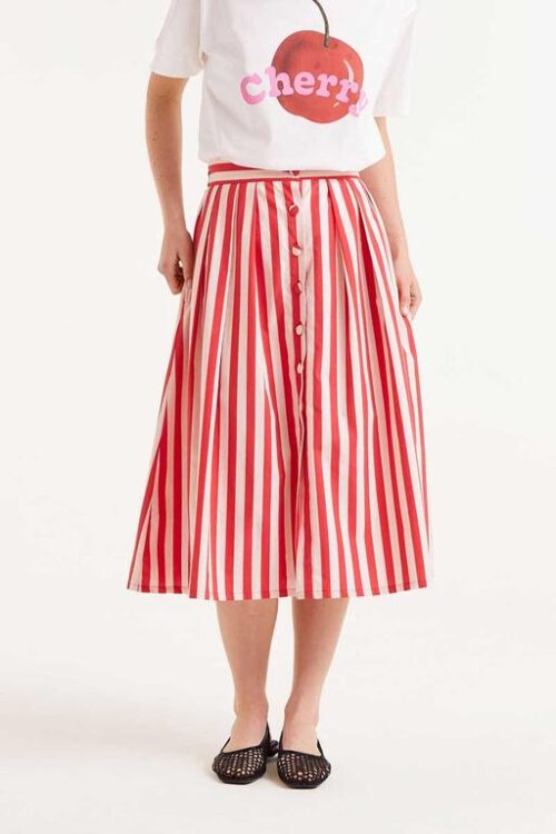 FALDA MIDI ESTAMPADO RAYAS ROJAS