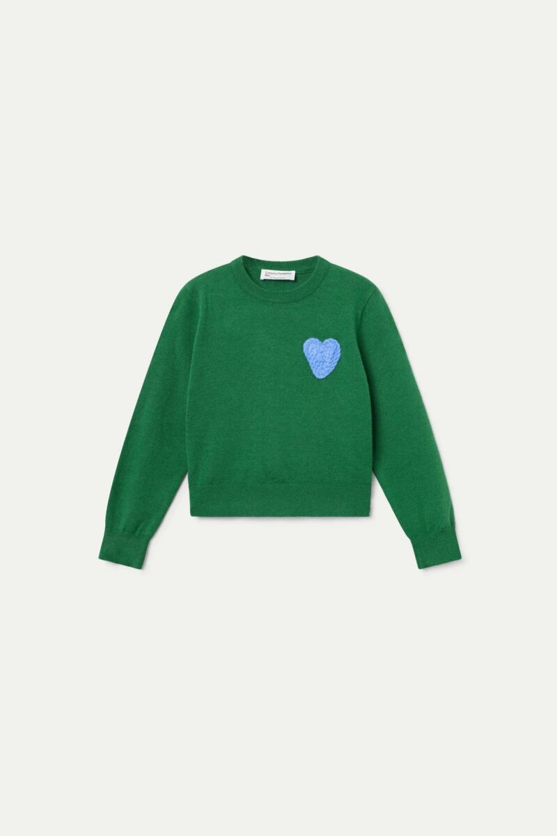 MAGLIONE DA BAMBINA IN MAGLIA VERDE CON RICAMO A CUORE BLU - immagine 3