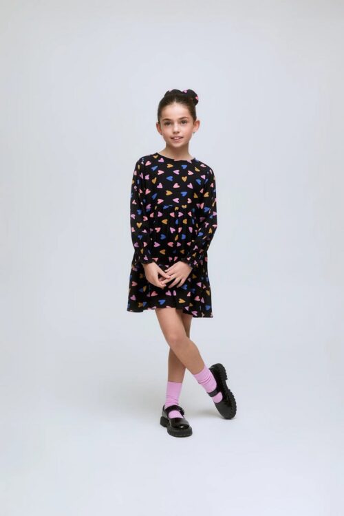 VESTITO CORTO DA BAMBINA A MANICHE LUNGHE CON STAMPA DI CUORI PORPOURRI